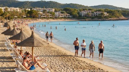 Touristen genießen den sonnigen Strand von Mallorca mit kristallklarem Wasser und moderner Hotelkulisse im Hintergrund, beliebtes Reiseziel für britische Besucher
