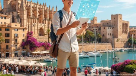 Junger britischer Tourist auf Mallorca, nutzt KI für Solo-Reisen