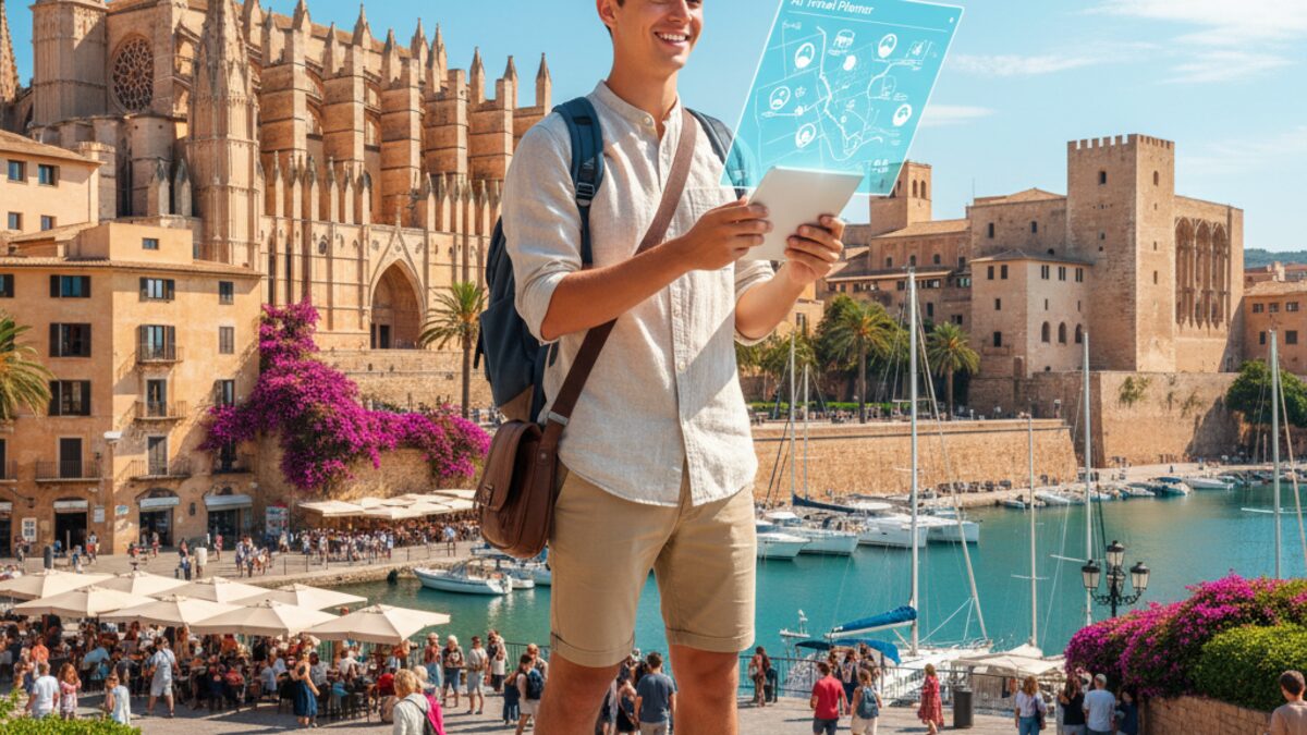 Junger britischer Tourist auf Mallorca, nutzt KI für Solo-Reisen