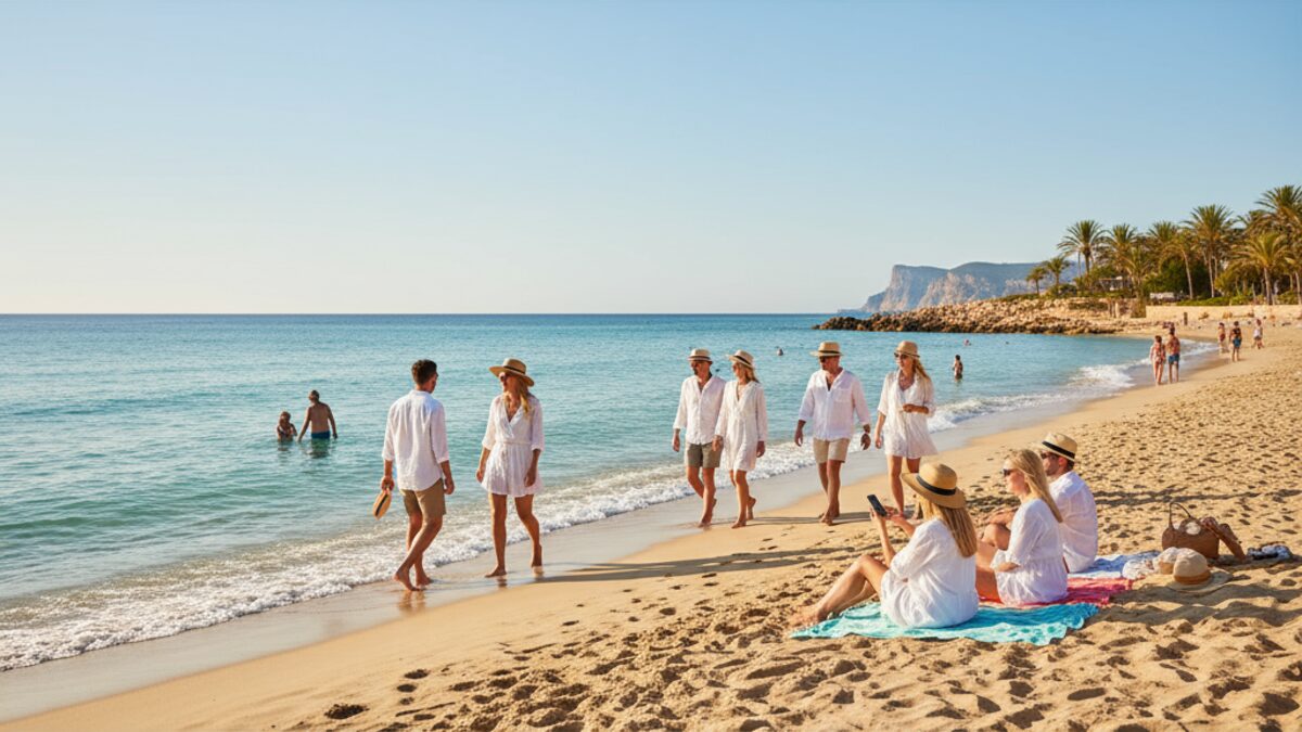 Sonnenbeschienener Strand auf Mallorca mit Touristen, die die balearische Küste genießen und die Buchungen auf den Balearen steigen