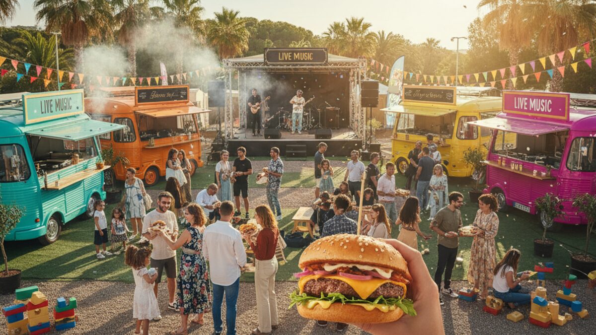 Lebhaftes Mallorca Burger Fest mit Besuchern, Foodtrucks und Live-Musik in Palma
