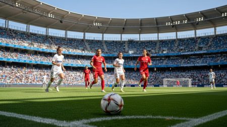 Spannendes Fußballspiel zwischen Mannschaften auf Mallorca während der Copa del Rey in einem sonnigen Stadion mit Zuschauern