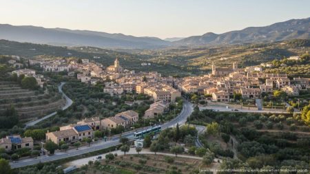 Luftaufnahme der Gemeinden Valldemossa und Esporles auf Mallorca mit typischer mediterraner Architektur und Grünflächen bei Tageslicht