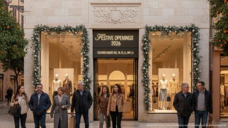 Geschäftsfront auf Mallorca mit Hinweisen zu erweiterten Öffnungstagen an Feiertagen 2026, bei sonnigem Tageslicht und mediterraner Umgebung