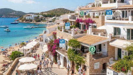 Blick auf eine Küstenstadt auf Mallorca mit Ferienunterkünften