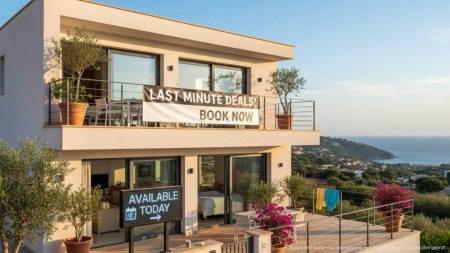 Moderne Ferienwohnung auf Mallorca in sonniger mediterraner Landschaft mit Hinweisen auf kurzfristige Buchungen und flexible Angebote