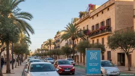 Mallorca beschließt neues Gesetz zur Fahrzeug- und Tourismusregulierung Straßenszene auf Mallorca mit kontrolliertem Verkehrsaufkommen und Mietfahrzeugen, symbolisiert die neue Fahrzeug- und Tourismusregelung zur CO2-Reduktion auf den Balearen
