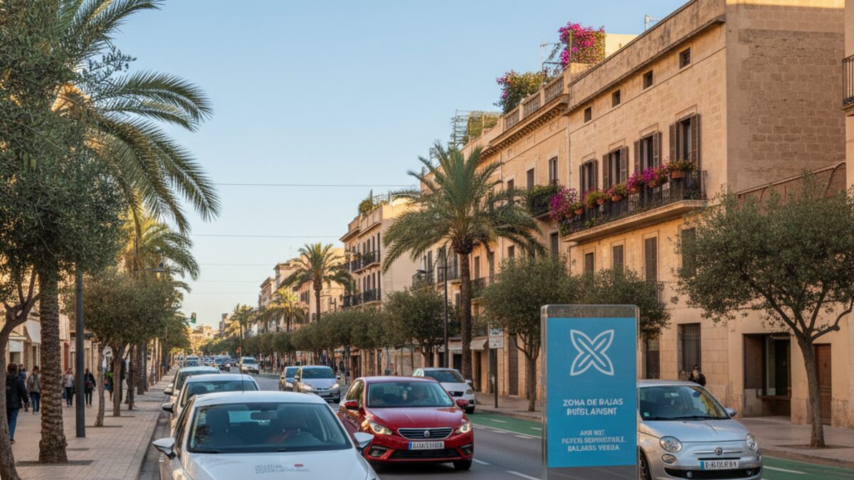 Straßenszene auf Mallorca mit kontrolliertem Verkehrsaufkommen und Mietfahrzeugen, symbolisiert die neue Fahrzeug- und Tourismusregelung zur CO2-Reduktion auf den Balearen