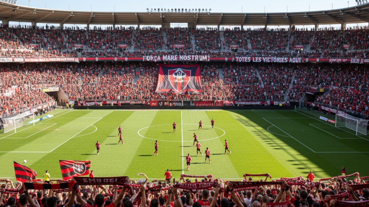 Blick auf das Son Moix Stadion während eines Heimspiels des Fußballvereins Mallorca mit Spielern auf dem Spielfeld und Fans auf den Tribünen