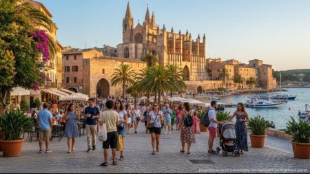 Ein typisches Stadtbild auf Mallorca mit Architektur und Menschen in einer warmen, mediterranen Atmosphäre.