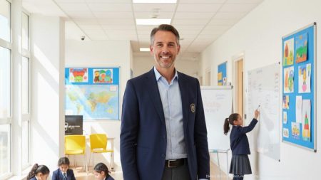 Die neue Schulleiterin Michelle Klaassen im hellen und einladenden Eingangsbereich der Mallorca International School, umgeben von kreativer Schülerarbeit und Lernumgebung