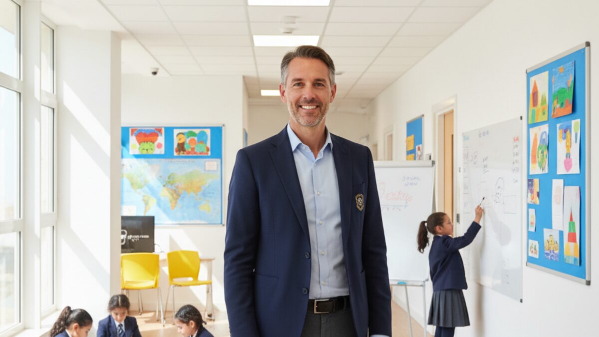 Die neue Schulleiterin Michelle Klaassen im hellen und einladenden Eingangsbereich der Mallorca International School, umgeben von kreativer Schülerarbeit und Lernumgebung