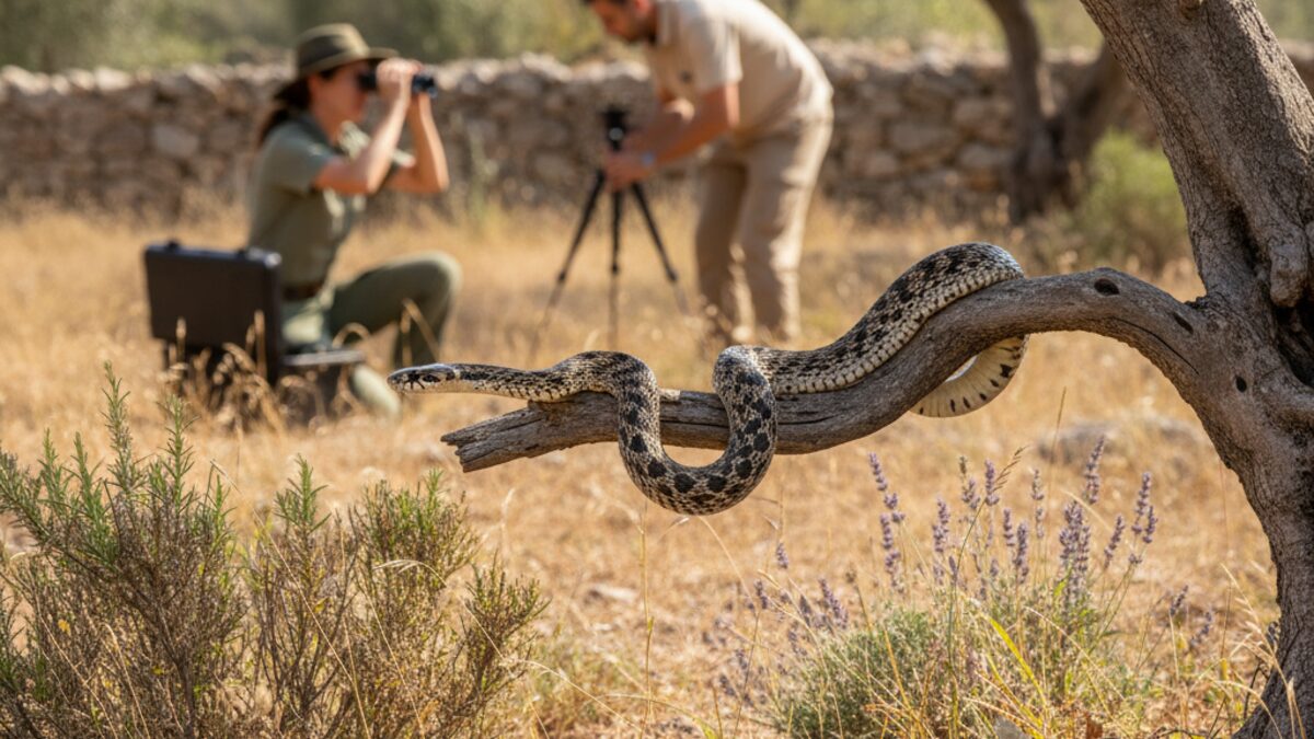 Natürliche mediterrane Umgebung auf Mallorca mit einer in der Mitte abgebildeten invasiven Schlange und einem Umweltschützer im Hintergrund, der die Tierwelt überwacht