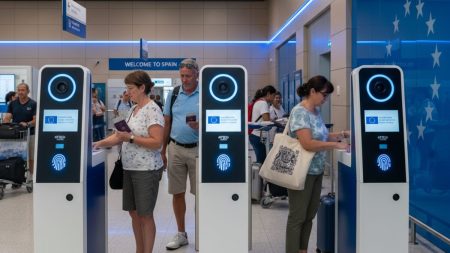 Biometrische Grenzkontrolle mit Gesichtserkennung und Fingerabdruckscanner an einem spanischen Flughafen am Beispiel Mallorca für britische Zweitwohnbesitzer