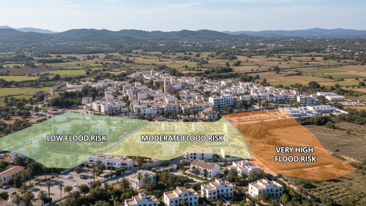 Luftaufnahme einer mallorquinischen Stadt mit farblich markierten Hochwasserzonen für neue Bauprojekte