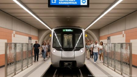 Moderne U-Bahn-Station in Palma de Mallorca mit Zug Richtung Krankenhaus Son Espases