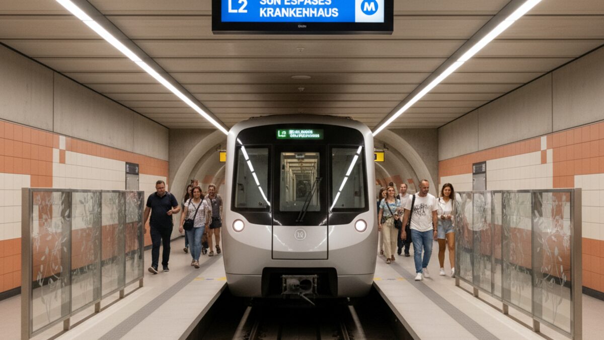 Moderne U-Bahn-Station in Palma de Mallorca mit Zug Richtung Krankenhaus Son Espases