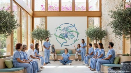 Modernes Gesundheitszentrum auf Mallorca mit Fachkräften und Patienten, die psychische Gesundheitsversorgung verbessern