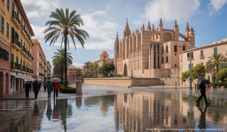 Mallorca: Regen bringt Abkühlung, Montag kehrt der Sonnenschein zurück Regen- und Sonnenscheinwetter auf Mallorca mit reflektierten Straßen und Menschen mit Regenschirmen