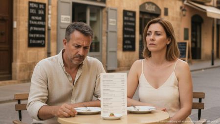 Touristen sitzen in einem Außenrestaurant auf Mallorca und wirken unzufrieden mit dem Preis-Leistungs-Verhältnis