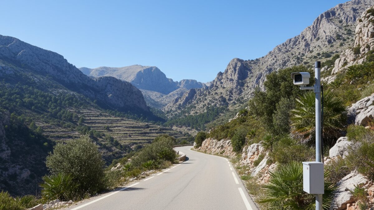 Moderne Geschwindigkeitskamera an einer kurvigen Gebirgsstraße in der Tramuntana auf Mallorca zur Verkehrssicherheit