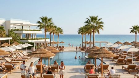 Touristen genießen eine sonnige Strandpromenade auf Mallorca im August mit ruhigem Meer und mediterraner Atmosphäre