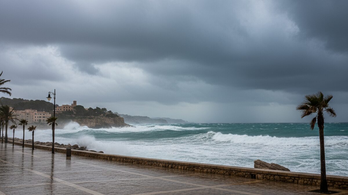 Dramatischer Wetterumschwung auf Mallorca mit dunklen Regenwolken, rauer See und nassen Küstenwegen unter einem grauen Himmel.