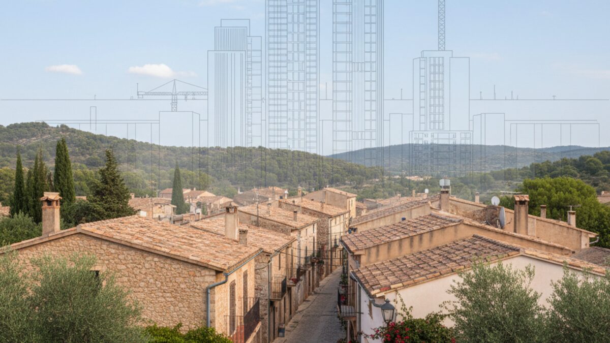 Blick auf das Dorf Son Macià bei Manacor mit traditionellen Häusern und einem angedeuteten modernen Hochhaus im Hintergrund, symbolisch für die kontroverse geplante Änderung urbaner Zonen.