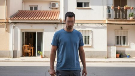 Mann in Palma verhaftet: Gewalt gegen Vermieter und Polizei Mann mit Hammer in Palma bei häuslichem Streit vor Wohngebäude, Symbol für Eskalation zwischen Mieter und Vermieter