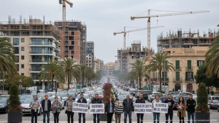 Protestierende Bewohner vor großen Baustellen mit Wohngebäuden auf Mallorca, die Verkehrsüberlastung und Bauprojekte thematisieren