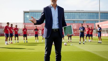 Mateu Alemany symbolisch dargestellt im Trainingszentrum von Atlético Madrid mit Spielern im Hintergrund, die für professionelles Fußballmanagement stehen