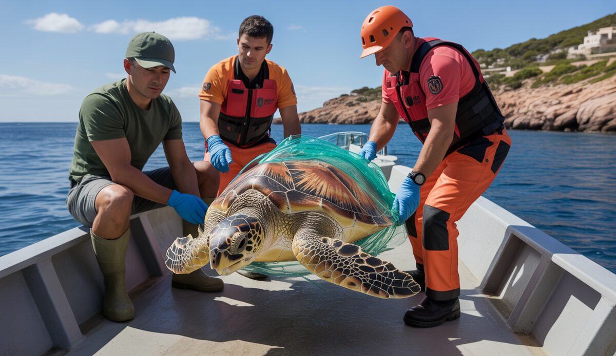 Tortuga Mimosa von Plastik in Cala Rajada gerettet Meeresschildkröte in Plastik gehüllt, Rettung durch Einsatzkräfte in Cala Rajada