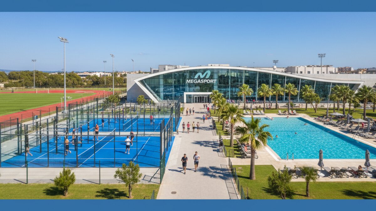 Außenansicht des Megasport Fitnesszentrums in Palma mit modernen Sportanlagen und Menschen beim Training im Freien