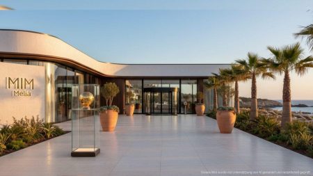 Luxuriöser Hoteleingang mit stilvoller Beleuchtung und einer Nachbildung des Ballon-d'Or-Trophäe vor einem mediterranen Gebäude, Symbol für die Integration der MiM-Hotelkette von Lionel Messi in die Meliá Collection.