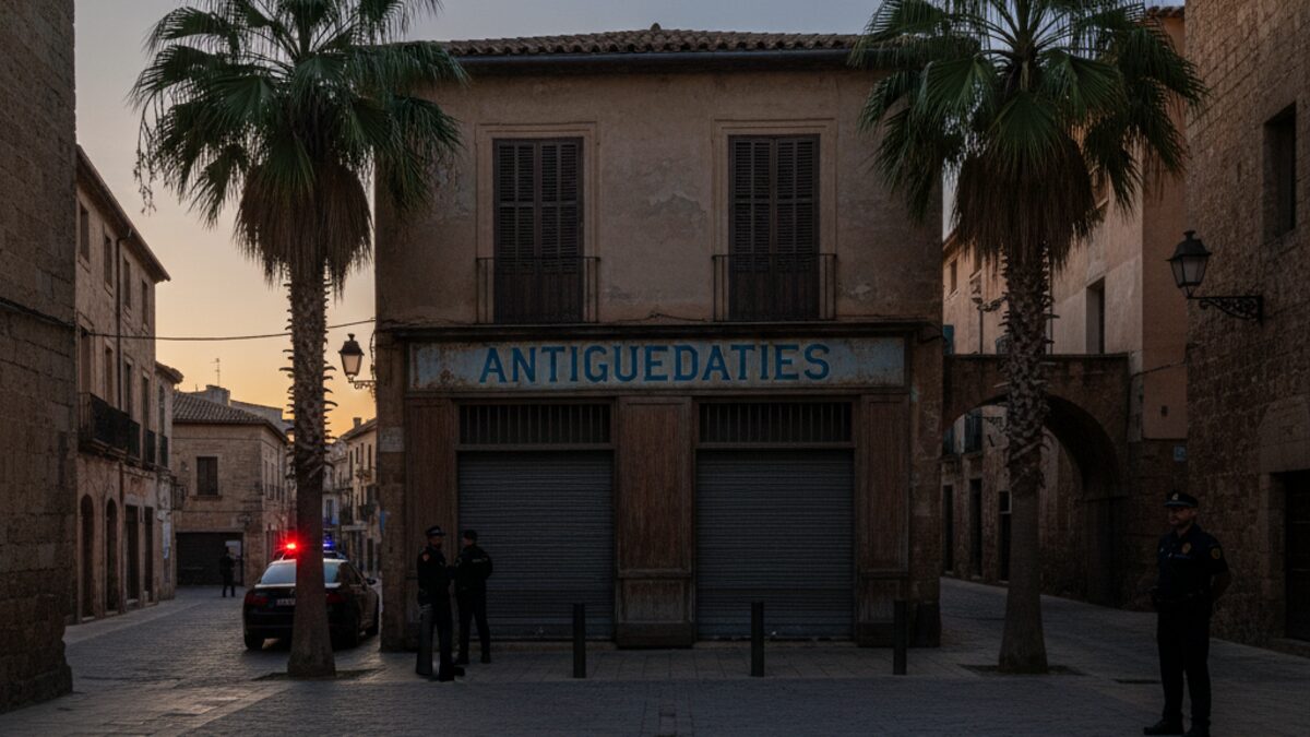 Straßenszene in Palma mit Polizeianwesenheit und geschlossenen Geschäften