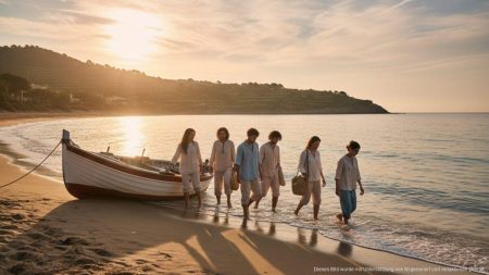 Migrantenankünfte auf den Balearen steigen um 85 Prozent Migranten steigen von einem kleinen Boot am Strand der Balearen bei Sonnenaufgang aus