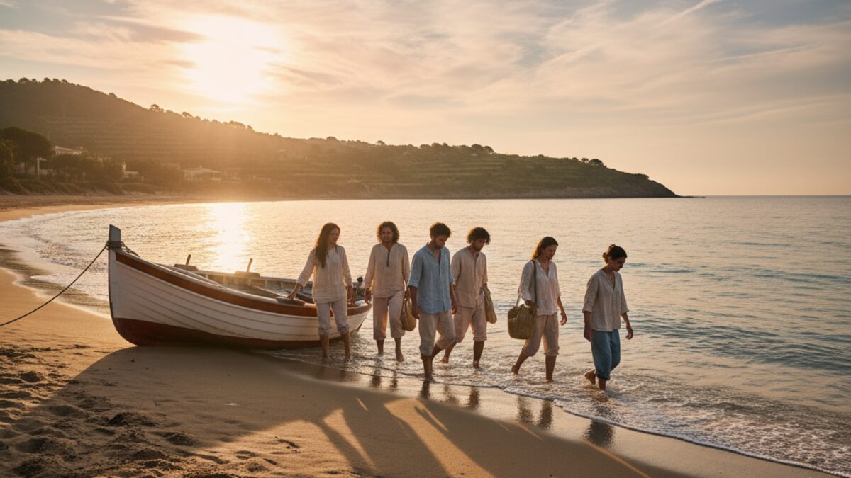 Migranten steigen von einem kleinen Boot am Strand der Balearen bei Sonnenaufgang aus