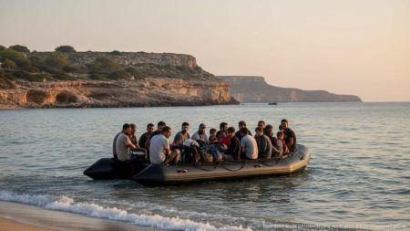 Migration auf den Balearen erreicht neuen Höchststand 2025 Kleines Boot mit Migranten nähert sich einer Küste auf den Balearen unter warmem Licht