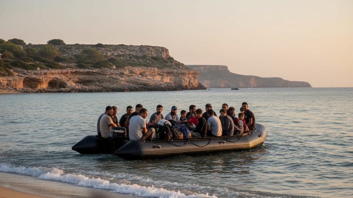 Kleines Boot mit Migranten nähert sich einer Küste auf den Balearen unter warmem Licht