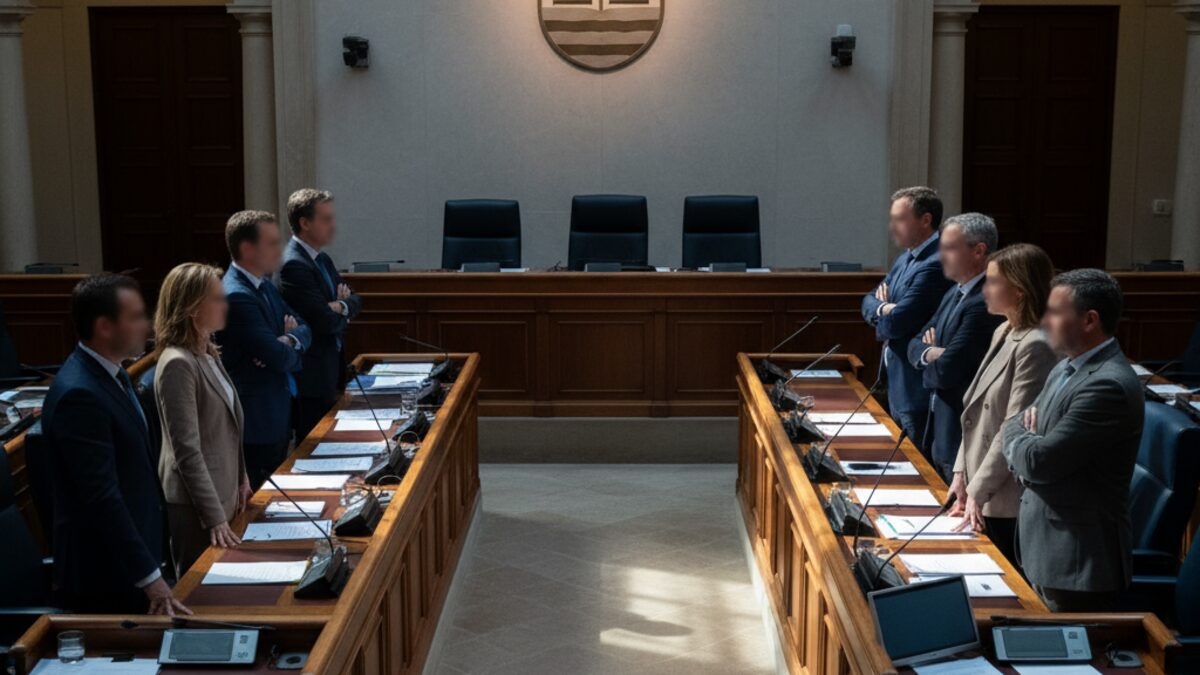 Politiker im balearischen Parlament stehen sich gegenüber und symbolisieren Misstrauen zwischen Partido Popular und Vox