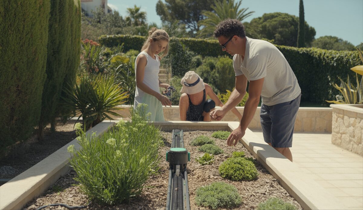 Moderne Bewässerungssysteme im Garten auf Mallorca mit Sensoren