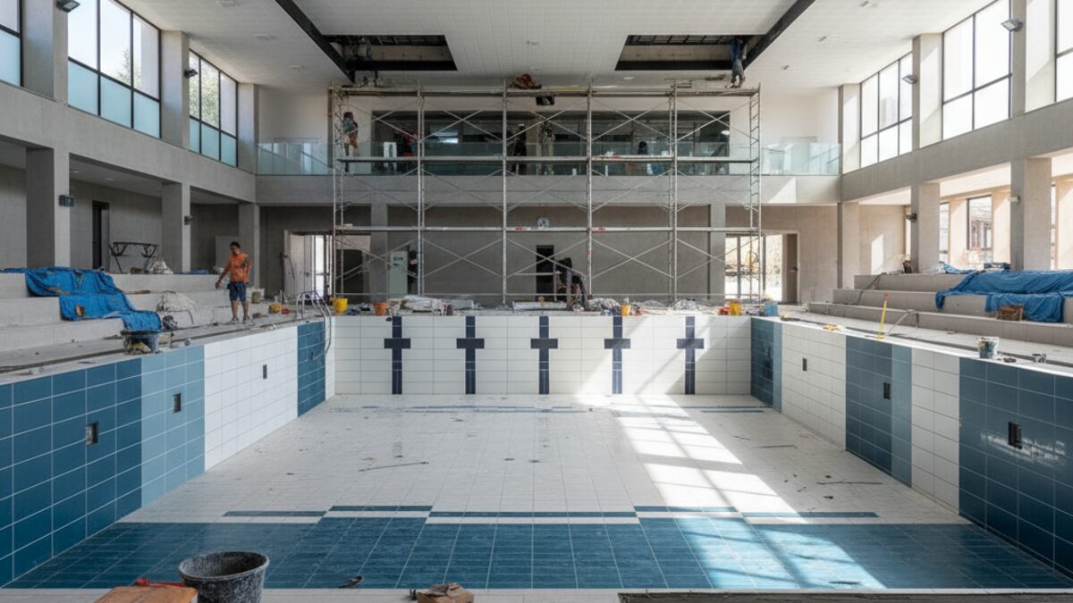 Modernes Schwimmbad in Santanyí mit neu verlegten Fliesenbelägen und Reparaturelementen bei Tageslicht