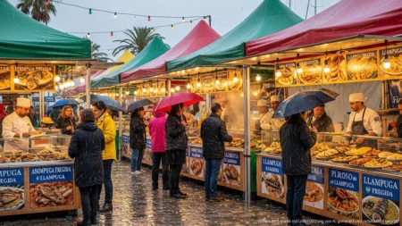 Mostra de la Llampuga in Cala Rajada trotzt dem Regen Ein lebhaftes Festival in Cala Rajada mit Llampuga-Gerichten und Besuchern im Regen.