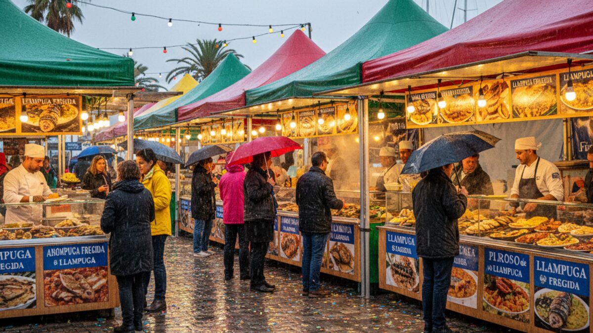 Ein lebhaftes Festival in Cala Rajada mit Llampuga-Gerichten und Besuchern im Regen.