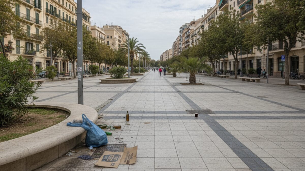 Verschmutzter Paseo Marítimo in Palma mit verstreutem Müll wie Plastik, Glasflaschen und Kartons auf dem Bürgersteig