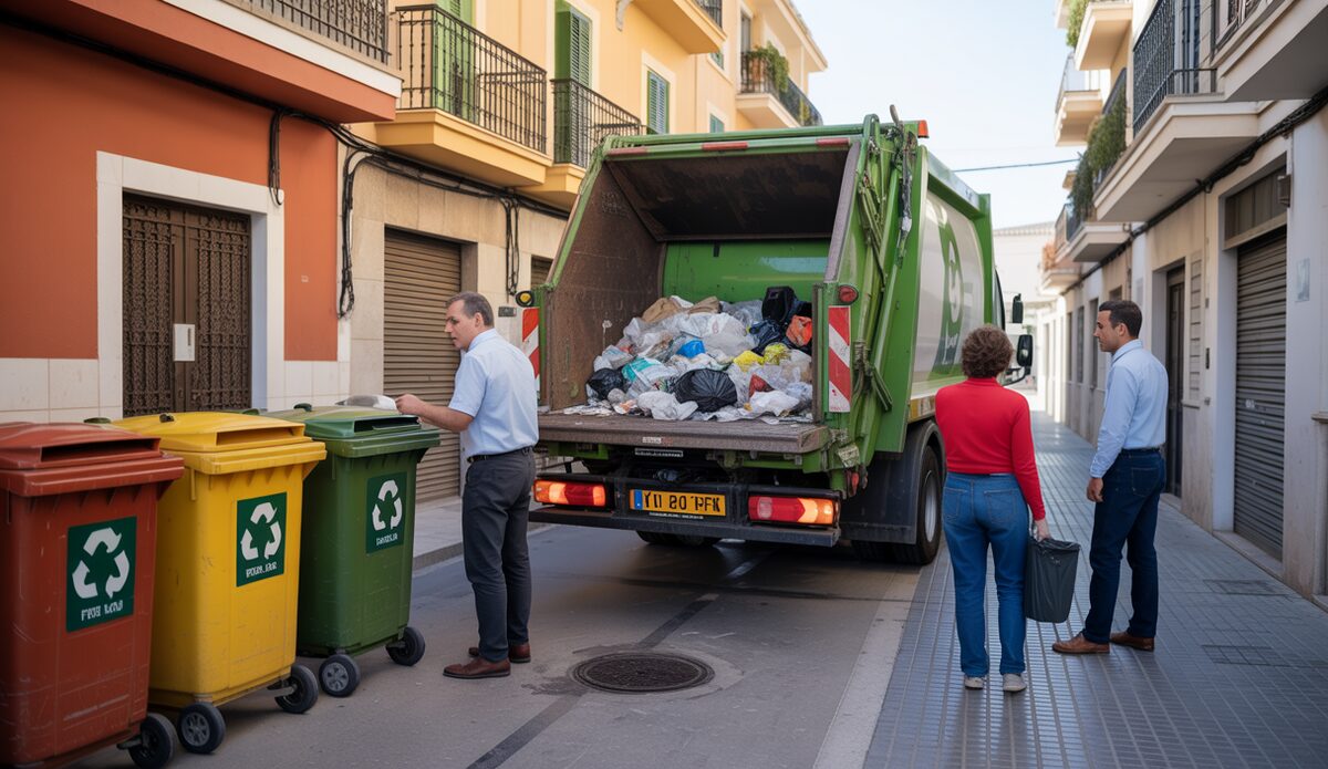 Müllfahrzeug auf Mallorca vor einem Abfallentsorgungsbereich, Bürger diskutieren Gebühren