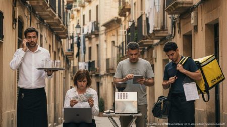 Multijobs auf Mallorca: Hohe Lebenshaltungskosten zwingen zur Mehrarbeit Verschiedene Personen auf Mallorca arbeiten in mehreren Jobs, um den hohen Lebenshaltungskosten zu begegnen, dargestellt in einem urbanen mediterranen Umfeld