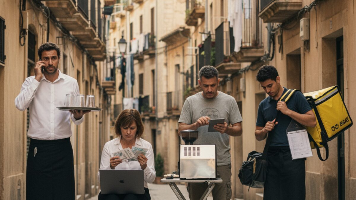 Verschiedene Personen auf Mallorca arbeiten in mehreren Jobs, um den hohen Lebenshaltungskosten zu begegnen, dargestellt in einem urbanen mediterranen Umfeld