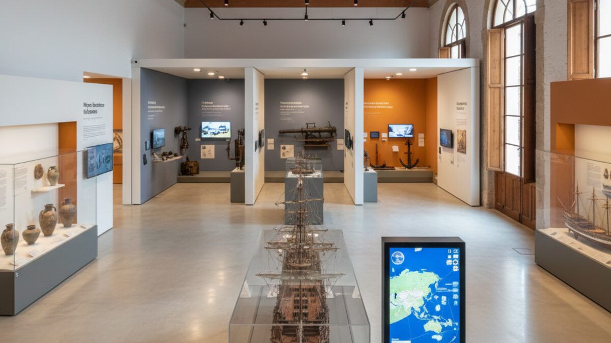 Innenansicht des renovierten Museo Marítimo in Palma mit modernen maritimen Ausstellungsstücken und barrierefreien Zugängen