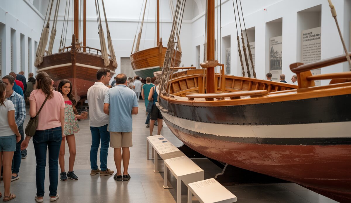 Besucher im renovierten Museu Marítim in Palma mit traditionellen Holzbooten